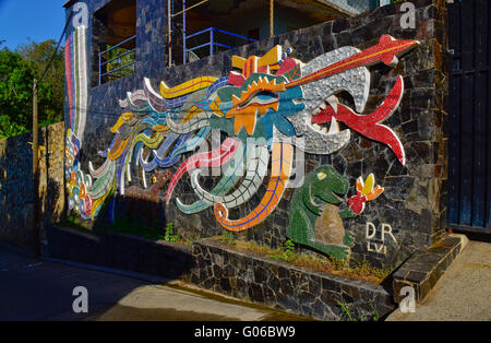 Diego Rivera designed tiled mosaic mural (Ehecatl-Calle) of a feathered serpent in front of the Dolores Olmedo home, old section of Acapulco, Mexico. Stock Photo