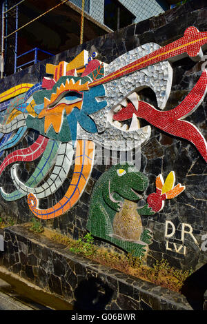 Diego Rivera designed tiled mosaic mural (Ehecatl-Calle) of a feathered serpent in front of the Dolores Olmedo home, old section of Acapulco, Mexico. Stock Photo