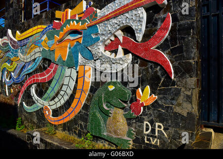 Diego Rivera designed tiled mosaic mural (Ehecatl-Calle) of a feathered serpent in front of the Dolores Olmedo home, old section of Acapulco, Mexico. Stock Photo