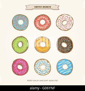 set of colorful donuts isolated on white paper background. vector glazed doughnut icons. cartoon style breakfast cake design. ca Stock Vector