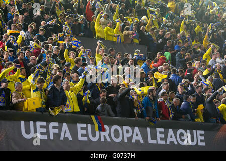 Villarreal, Spain. 28th April, 2016. Fans at the Europa League semifinal match between Villarreal CF and Liverpool FC at the El Madrigal Stadium on April 28, 2016 in Villarreal, Spain. Credit:  Christian Bertrand/Alamy Live News Stock Photo