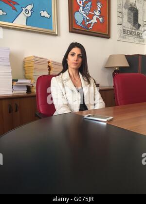 Rome, Italy. 20th Apr, 2016. Virginia Raggi, Five Star Movement (M5S) party candidate in the next mayoral elections in Rome, gives an interview in her office in Rome, Italy, 20 April 2016. Photo: ALVISE ARMELLINI/dpa/Alamy Live News Stock Photo