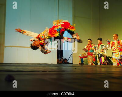 Lima, scissors dancers, an ancient acrobatic dance of the Peruvian Andes, celebrate the International Dance Day with a presentation at the main square of the city. (Photo by Carlos Garcia Granthon / Pacific Press) Stock Photo