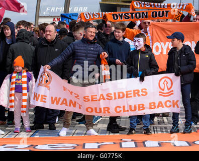 Blackpool, UK. 30th April, 2016. A large demonstration took place starting from the Comedy Carpet under the iconic Blackpool Tower, demanding the immediate resignation of the Chairman of Blackpool Football Club, Karl Oyston. The Oyston family have long been held in contempy by fans of the club leading to a number of court cases where the Oyston family sued a number of fans for libel. Credit:  Barrie Harwood/Alamy Live News Stock Photo