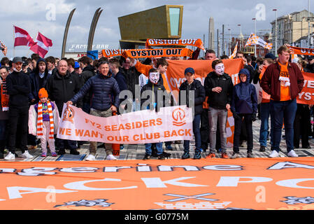 Blackpool, UK. 30th April, 2016. A large demonstration took place starting from the Comedy Carpet under the iconic Blackpool Tower, demanding the immediate resignation of the Chairman of Blackpool Football Club, Karl Oyston. The Oyston family have long been held in contempy by fans of the club leading to a number of court cases where the Oyston family sued a number of fans for libel. Credit:  Barrie Harwood/Alamy Live News Stock Photo