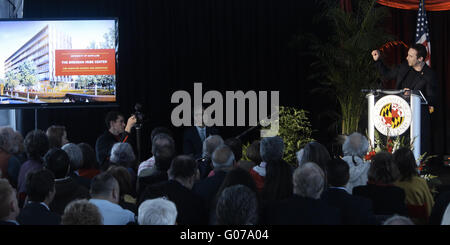 College Park, MARYLAND, USA. 30th Apr, 2016. Brendan Iribe, Co-Founder and CEO, Oculus VR, Inc., speaking at the groundbreaking ceremony for the Brendan Iribe Center while looking across the room at a screen showing a drawing of the future building, held in Lot GG1 the future site of the building at the University of Maryland. © Evan Golub/ZUMA Wire/Alamy Live News Stock Photo