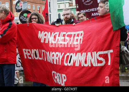 Manchester, UK. 30th April, 2016. the Revolutionary Communist Group marching with their banner in Manchester, UK, 30th April, 2016 Credit:  Barbara Cook/Alamy Live News Stock Photo