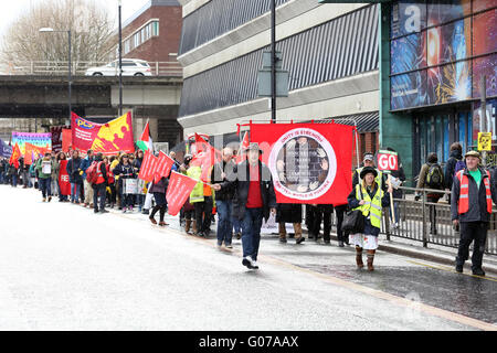 Manchester, UK. 30th April, 2016. Workers march along Oxford Road in Manchester, UK, 30th April, 2016 Credit:  Barbara Cook/Alamy Live News Stock Photo