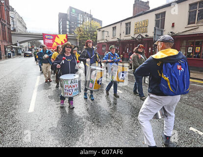 Manchester, UK. 30th April, 2016. PCS Union band marching through Manchester, UK, 30th April, 2016 Credit:  Barbara Cook/Alamy Live News Stock Photo