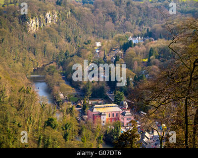 View looking down on the River Derwent gorge and Matlock Bath a village in the Peak District Derbyshire Dales England UK Stock Photo