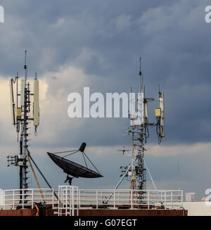 Satellite dish in cloudy sky Stock Photo