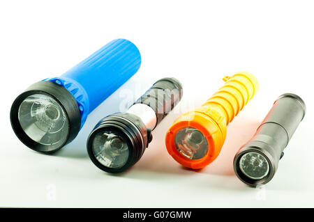 four-different-flashlights-on-white Stock Photo