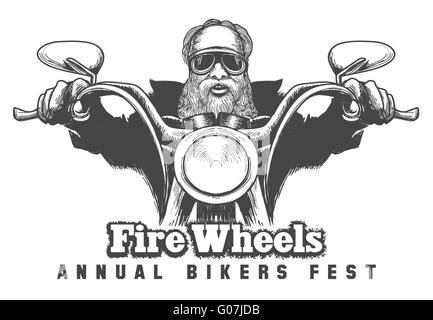Biker riding a motorcycle drawn in hand made style. Bikers event or festival emblem. Free font used. Stock Vector