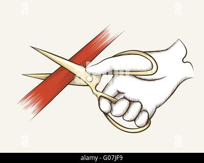 Hand in glove with scissors and red ribbon. Engraving style. Stock Vector