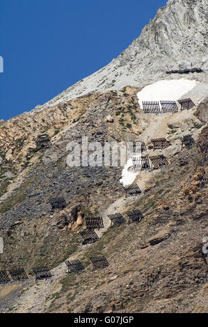 Buttresses / snow fences on mountain slope to avoid avalanches in the Alps Stock Photo