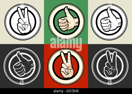 Gestures Thumb up and Victory emblem set. Colorful illustration. Stock Vector