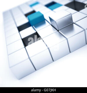 Abstract silver and blue metallic cubes on a white Stock Photo