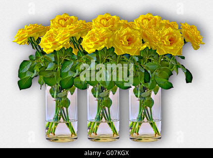 Three bunches of yellow roses in vases of glass Stock Photo