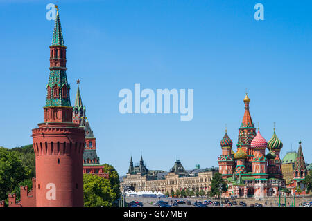 Moscow Kremlin towers, Red Square and Vasily the Blessed cathedral Stock Photo