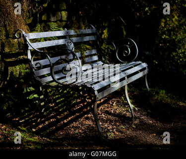 An metal bench in a shaded spot in woods, Yorkshire England Stock Photo