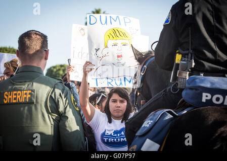 Anti Donald Trump protesters at a Trump campaign rally in California. Stock Photo