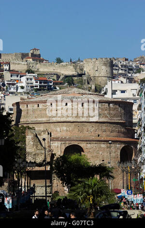 Rotunda circular dome masonry & crenellated tower walls of  Trigonio (in Upper town) seen from Gounari Street.Thessaloniki, Stock Photo