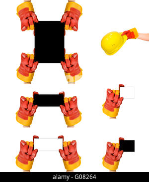 Red protective gloves holding an empty frame.High resolution image Stock Photo