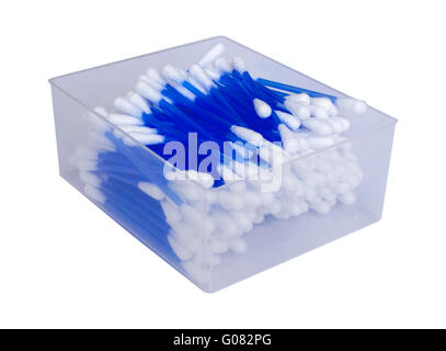 A cotton ear sticks in plastic box isolated on whi Stock Photo