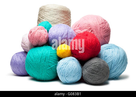 colorful balls of woollen threads isolated over wh Stock Photo