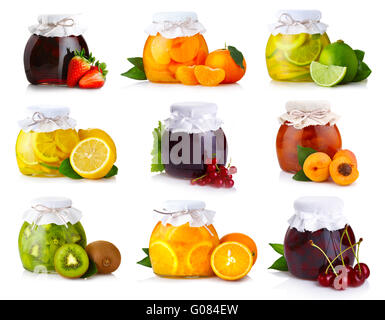 Set of glass jars with exotic fruits jam isolated Stock Photo