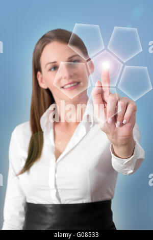 Attractive Brunette Woman Pressing Virtual Button Stock Photo