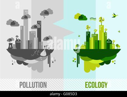 Go green environment illustration. Ecology and pollution city concept. EPS10 vector organized in layers for easy editing. Stock Vector