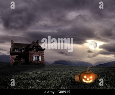 Apocalyptic Halloween scenery with old house and pumpkin Stock Photo