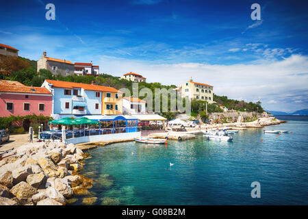 VALUN, CROATIA - August 26, 2914: View to the village Valun with harbor and boats, Cres island, Croatia Stock Photo