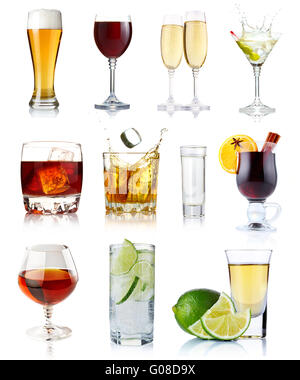 Set of alcohol drinks in glasses isolated on white Stock Photo