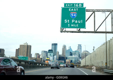 South skyline of Minneapolis on March 3, 2016 from freeway 35W approaching freeway 94 to St Paul. Minneapolis Minnesota MN USA Stock Photo