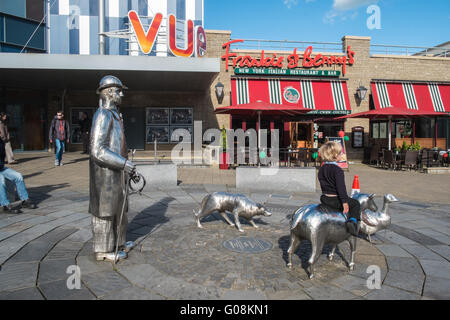 Metal farm sculptures called The Drover in Carmarthen town centre, Carmarthenshire, Wales.Landmark in Carmarthen Stock Photo