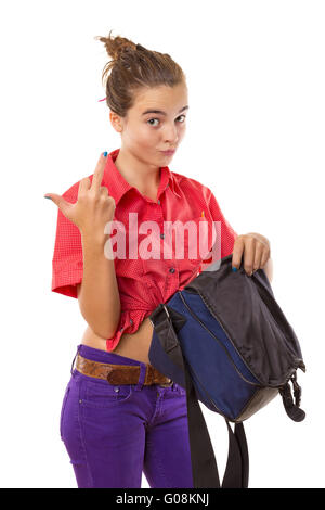angry teenage girl holding a bag and  giving middle finger, isolated on white Stock Photo