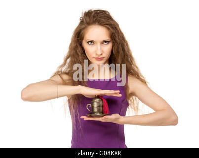 Young happy woman holding a coffee cup isolated Stock Photo