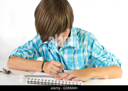 school boy with pencil and ruler, isolated on white Stock Photo