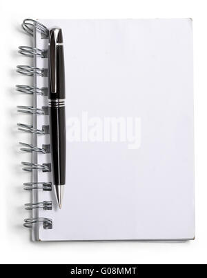 used blank note book with ring binder and black ball pen, isolated on white Stock Photo