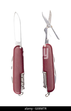 two use red pocket knifes, with different tools, isolated on white Stock Photo