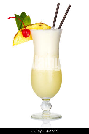 Alcohol cocktail with milk and fruits slices isolated on white Stock Photo