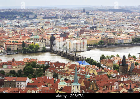 Vltava River and the Charles Bridge in Prague (View from the tower of Saint Vitus Cathedral). Stock Photo