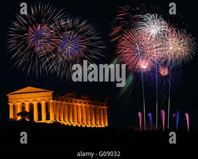 fireworks with greek Temple Stock Photo