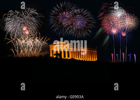 fireworks with greek Temple Stock Photo