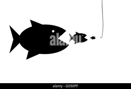 Silhouettes of fishes devouring each othe Stock Photo