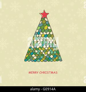 Christmas card with watercolor painted fir tree with multicolored balls Stock Photo