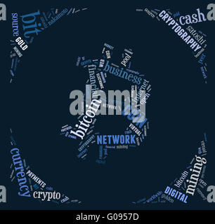 bitcoin logo word cloud with blue wordings Stock Photo