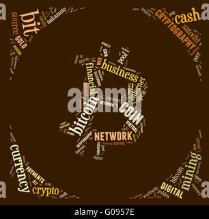 bitcoin logo word cloud with brown wordings Stock Photo